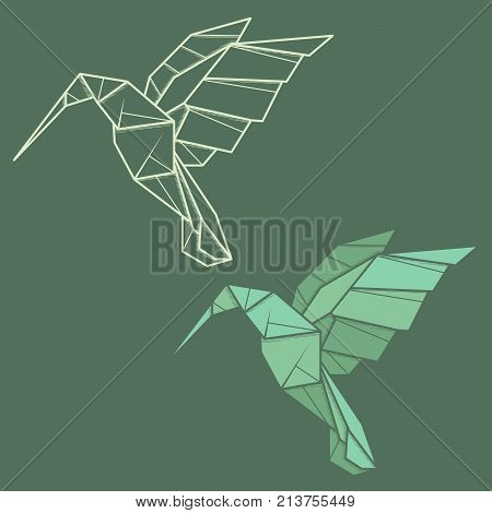 Set vector simple illustration paper origami and contour drawing of humming bird (colibri).