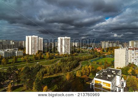 Moscow, Russia - October 10. 2017. 16 microdistrict of the city of Zelenograd in cloudy weather