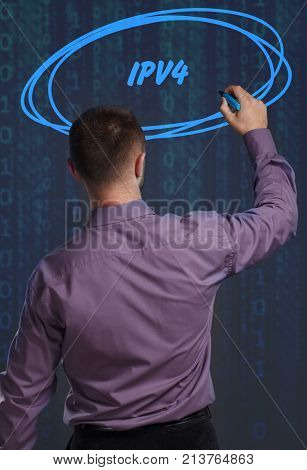 Business, Technology, Internet And Network Concept. Young Businessman Working On A Virtual Screen Of