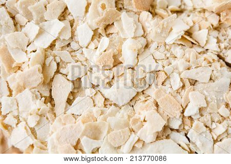 Classic Napoleon cake background closeup. Traditional millefeuille dessert with puff pastry and custard, russian cuisine treat, copy space