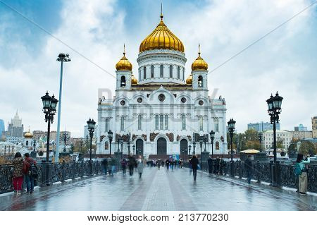 Cathedral Of Christ Savior At Autumn Day. Famous Christian Landmark In Russia. Moscow Russia.