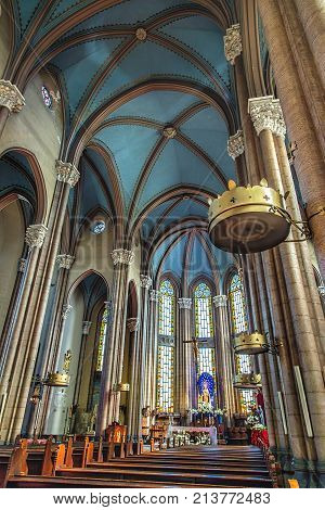 ISTANBUL TURKEY: Interior of St. Antuan Church alternatively known as the Sant'Antonio di Padova Church S. Antonio di Padova Catholic Church on Istiklal Avenue on October 6 2017