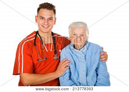 Picture of a senior woman with her young male caregiver