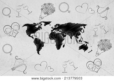 World Map Surrounded By Love-themed Icons