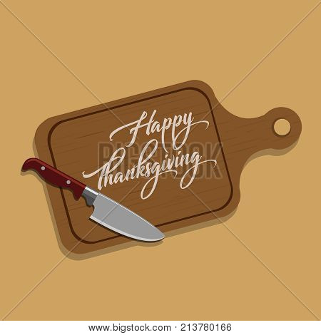 A festive banner for Thanksgiving Day with an inscription and decoration from a wooden board and knife. The concept of a holiday. Vector illustration.