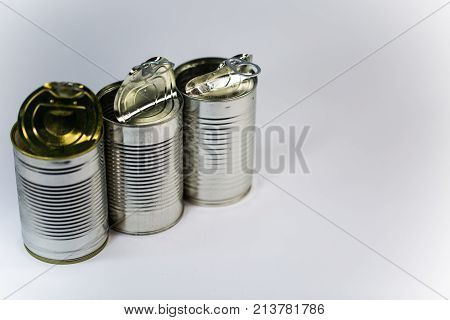 Tin cans on white background, close, white