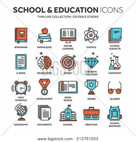 School education, university. Study, learning process. Oline lessons, tutorial. Student knowledge. History book.Thin line web icon set. Outline icons collection.Vector illustration.