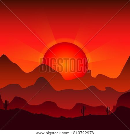 Sunset against the backdrop of the mountains. Vector illustration.