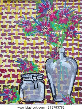 Acrylic painting on canvas of flowers in jars