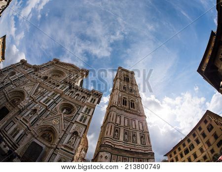 Wide angle view on the facade of the cathedral and campanille of Florence