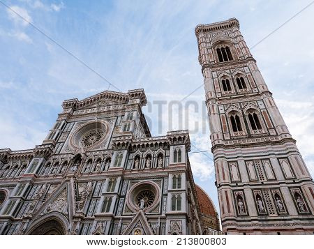 Exterior of the cathedral and campanille of Florence, offically called Basilica of Santa Maria del Fiore