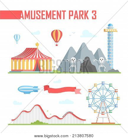 Set of amusement park elements - modern vector illustration on white background. Roller coaster, big wheel, horror show, drop tower, hot air balloons, airship with red ribbon. Entertainment concept