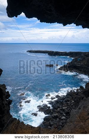 Cliffs And Pacific Ocean Landscape Vue From Ana Kakenga Cave In Easter Island