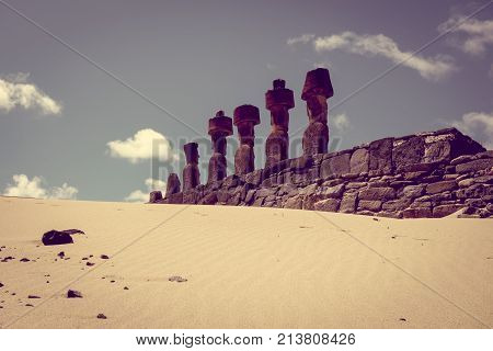 Moais Statues Site Ahu Nao Nao On Anakena Beach, Easter Island