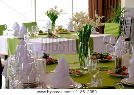 Beautiful flowers on table in wedding day.