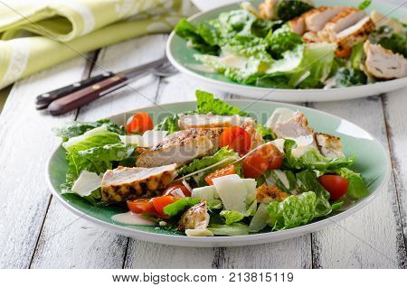 Grilled chicken salad with tomatoes and parmesan cheese