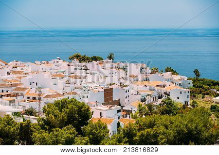 Mediterranean architecture - white color houses in Nerja, Malaga Province, Andalusia, Spain