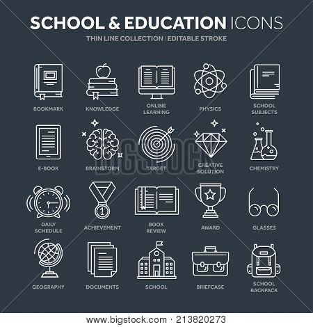 School education, university. Study, learning process. Oline lessons, tutorial. Student knowledge. History book.Thin line web icon set. Outline icons collection.Vector illustration.