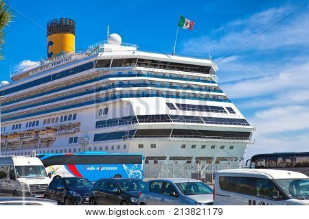 LISBON PORTUGAL - SEPTEMBER 14 . 2017 . Large luxury cruise ship Costa Magica docked at Lisbon
