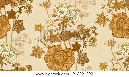 Decoration with flower geranium pelargonium. Seamless floral pattern. Print gold foil foliage flowers pastel background. Vintage vector illustration. Hand drawing template for textile paper cloth