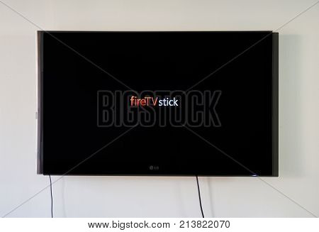 MONTREAL CANADA - NOVEMBER 15 2017: Amazon Fire TV Stick on LG TV. Amazon Fire TV Stick is a low cost version in a HDMI-stick format of Amazon Fire TV Android based.