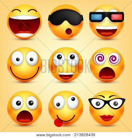 Smiley, emoticons set. Yellow face with emotions. Facial expression. 3d realistic emoji. Funny cartoon character.Mood. Web icon. Vector illustration.