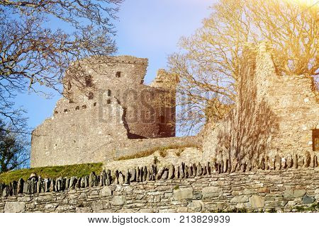 DUNDRUM - NORTHERN IRELAND - NOVEMBER 11, 2017 - Dundrum Castle ruins. Situated above the town of Dundrum, County Down in Northern Ireland.