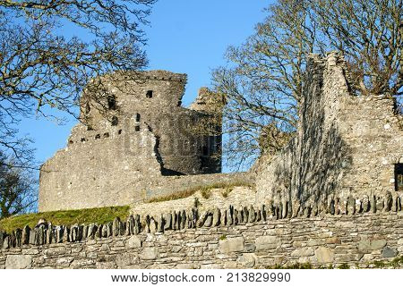 DUNDRUM - NORTHERN IRELAND - NOVEMBER 11, 2017 - Dundrum Castle ruins. Situated above the town of Dundrum, County Down in Northern Ireland.
