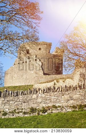 DUNDRUM - NORTHERN IRELAND - NOVEMBER 11, 2017 - Dundrum Castle ruins. Situated above the town of Dundrum, County Down in Northern Ireland.
