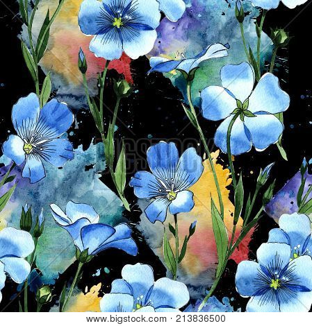 Wildflower flax  pattern in a watercolor style. Full name of the plant: flax . Aquarelle wild flower for background, texture, wrapper pattern, frame or border.