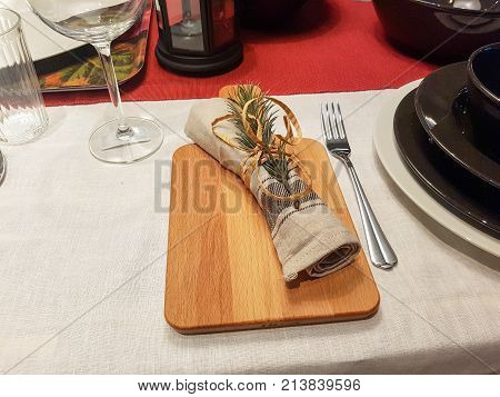 Festive Christmas dinner table setting with decoration