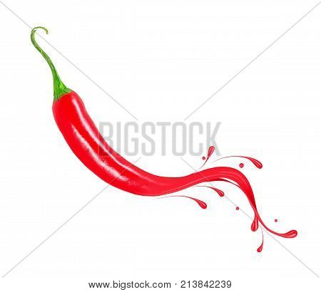 Fresh chili pepper with splashes and drops of paint isolated on white background