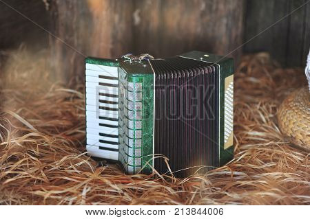 Accordion, vintage musical instrument associated with Russian culture on the background of straw 