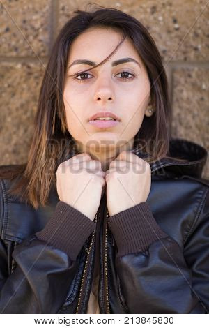 Beautiful Meloncholy Mixed Race Young Woman Portrait Outside.