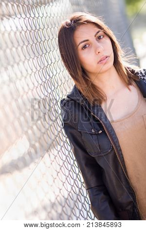 Beautiful Meloncholy Mixed Race Young Woman Portrait Outside.