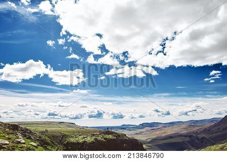 famous Haifoss waterfall in southern Iceland. treking in Iceland. Travel and landscape photography concept