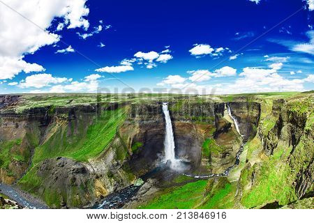 famous Haifoss waterfall in southern Iceland. treking in Iceland. Travel and landscape photography concept