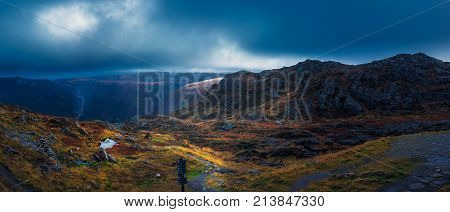 Dramatic panoramic landscape of mountains from Mount Ulriken above Bergen city, Norway