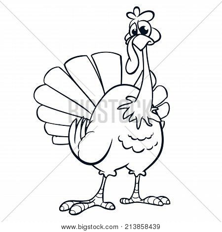Thanksgiving funny cartoon outline. Vector cartoon turkey for coloring book. Black and white contour