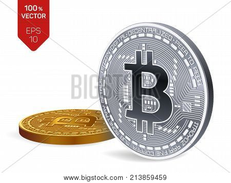 Bitcoin. 3D isometric Physical bit coin. Digital currency. Cryptocurrency. Golden and silver coins with bitcoin symbol isolated on white background. Stock vector illustration