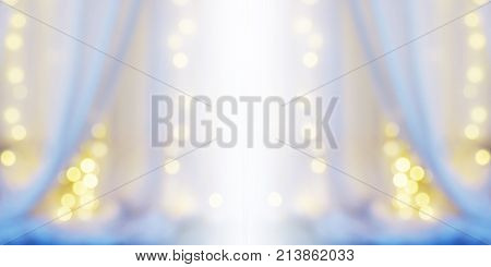 Abstract blur background of white curtain with light bulb bokeh at window in bedroom. Good night sweet dream and relax concept.Banner background with copy space.