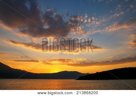 Sunrise Over Peljesac Peninsula And Peljeski Strait, Korcula, Croatia.