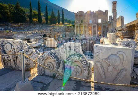 ISTANBUL, TURKEY - AUGUST 12, 2015: 
The ruins of the ancient city of Ephesus with theater and the famous Celsus library, Turkey