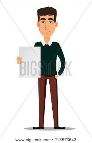 Business man cartoon character. Young handsome smiling businessman in smart casual clothes holding blank placard. Stock vector