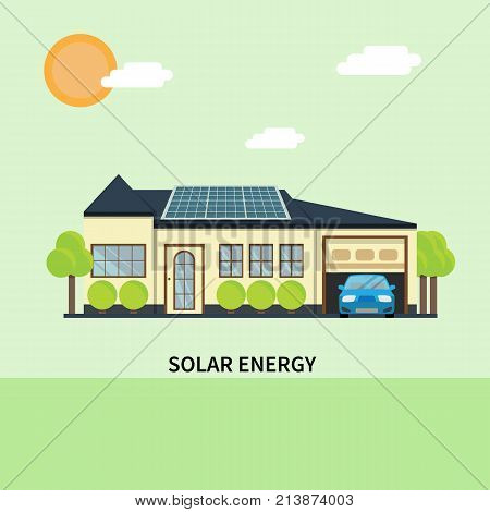 Solar panels on the house. Flat design vector concept illustration.