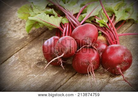 Fresh beetroot on rustic wooden background. Harvest vegetable cooking conception . Diet or vegetarian food concept .