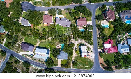 Rooftops And Colorful Homes Aerial View Looking Straight Down From Above Spotted Homes Along Lake Tr