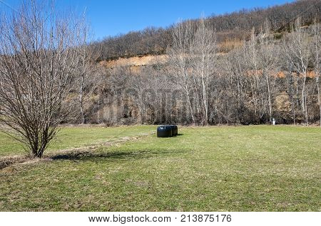 Hay meadows and poplar groves. Photo taken in La Pola de Gordon, Leon Province, Spain