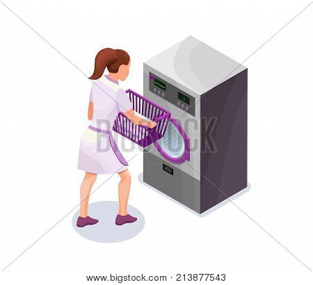 Laundress holding basket with clothes near washing machine, washerwoman at dry cleaners, isometric 3d vector illustration