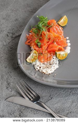 Lightly Salted Salmon With Cottage Cheese Cream And Limequat..